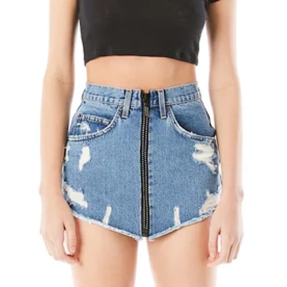 Carmar Medium Wash Distressed Zip-Up Denim “Beatrice" Miniskirt Size 25